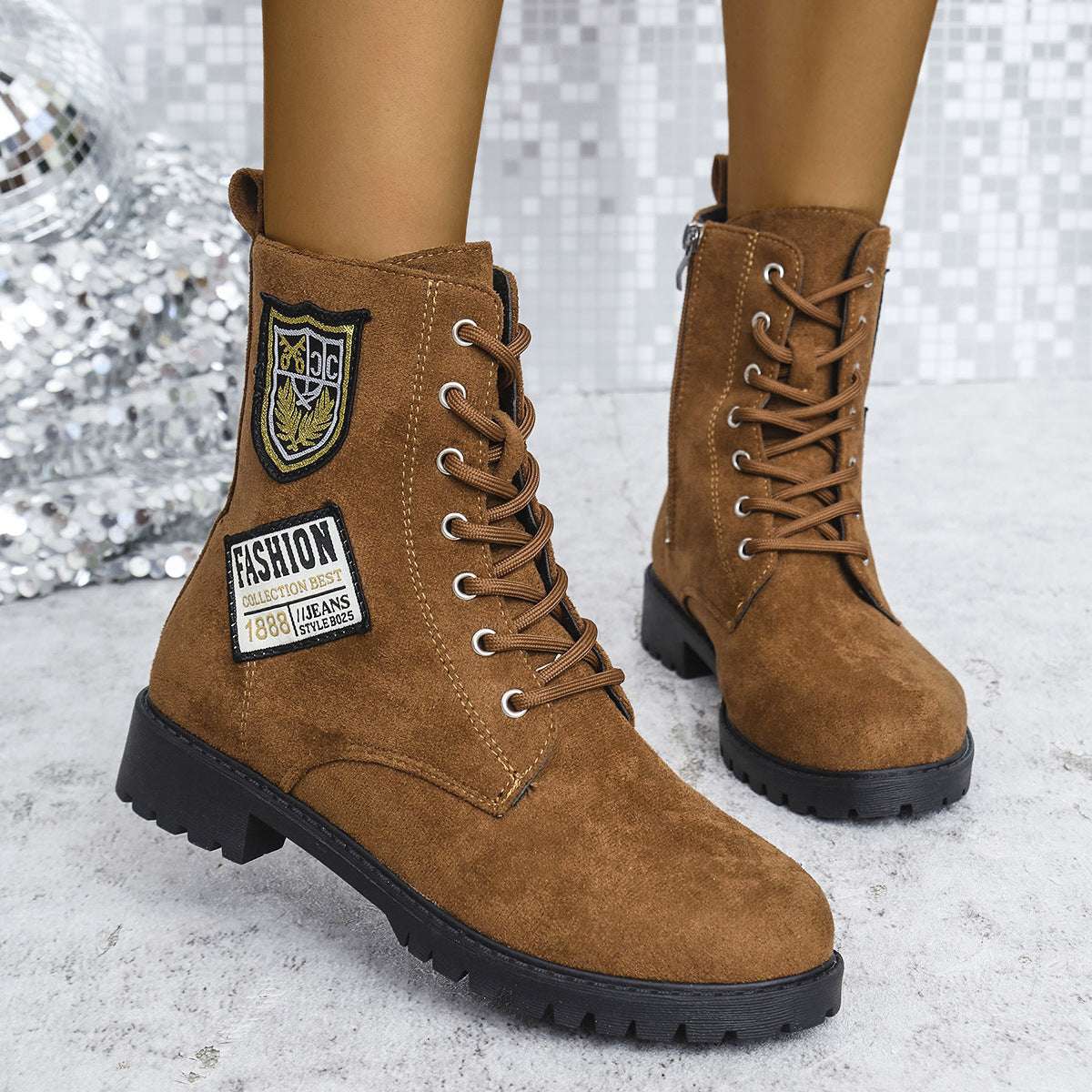 Fashion Lace-up Chunky Heels Boots Winter Round Toe Shoes For Women - globaltradeleader
