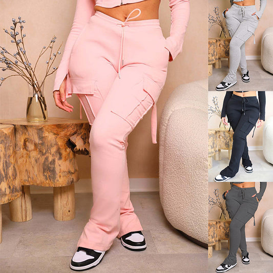Cargo Pants With Pockets High Waist Drawstring Wide Leg Straight Trousers For Women Overalls - globaltradeleader