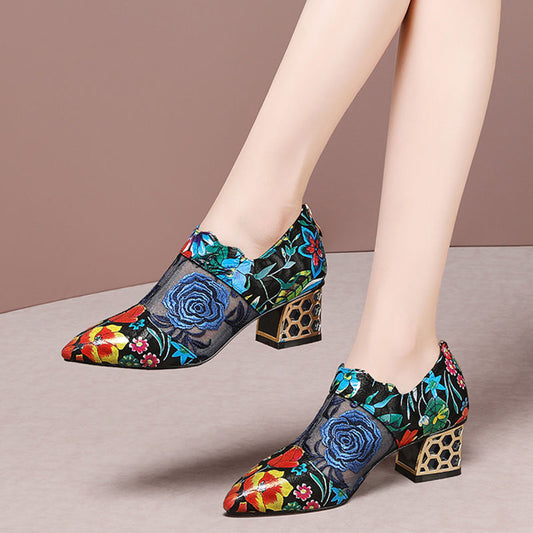 Ethnic Wind Rhinestone Mid-heel Mesh Slippers - globaltradeleader