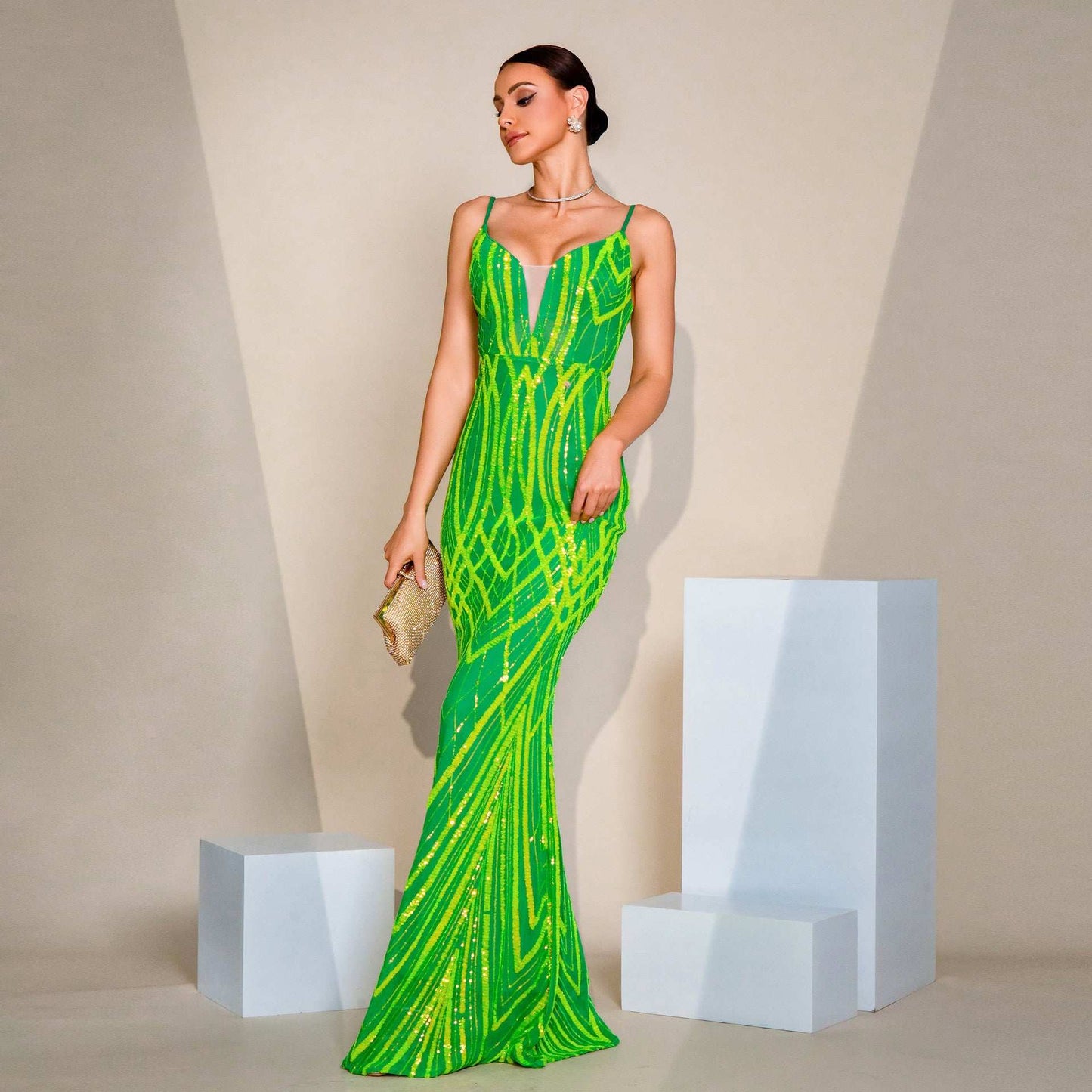 V-neck Strap Sequined Fishtail Evening Dress - globaltradeleader