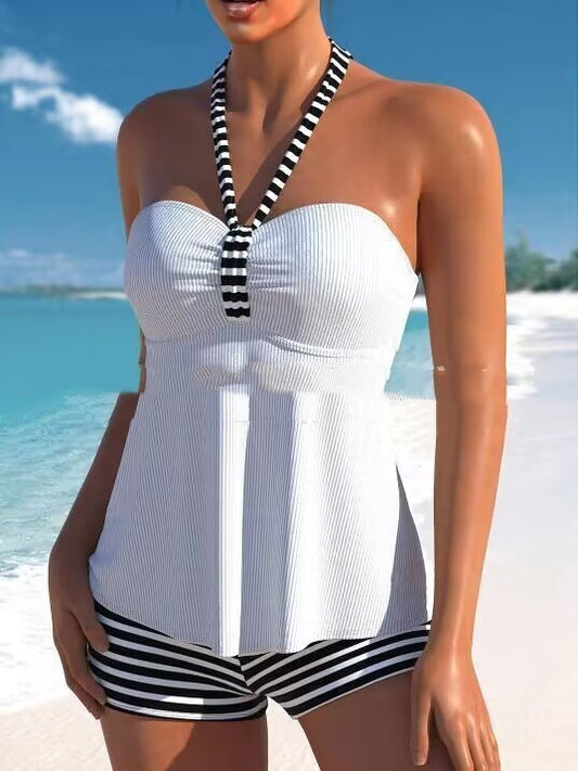 Solid Color Black And White Striped Off-shoulder Swimsuit Suit - globaltradeleader