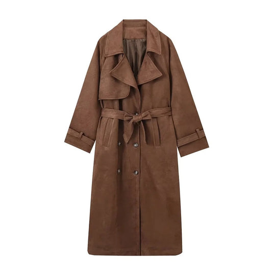 Double Breasted Lapel Shift Coat With Belt Fashion Vintage Suede Long Coat Winter Outwear Women's Clothing - globaltradeleader