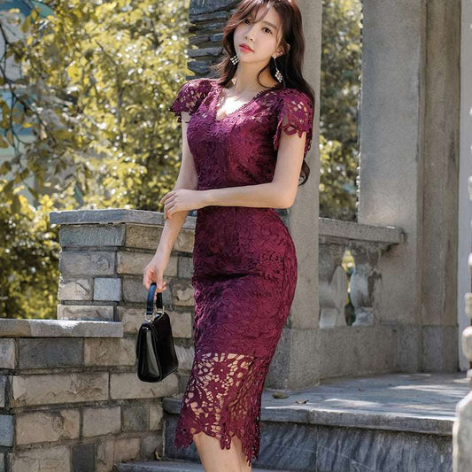 Hollow Out Water-soluble Lace Dress With V-neck And Slim Fit