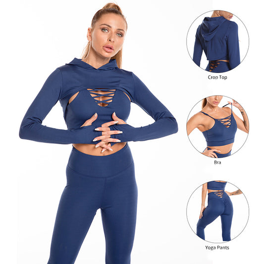 3pcs Sports Suits Long Sleeve Hooded Top Hollow Design Camisole And Butt Lifting High Waist Seamless Fitness Leggings Sports Gym Outfits Clothing - globaltradeleader
