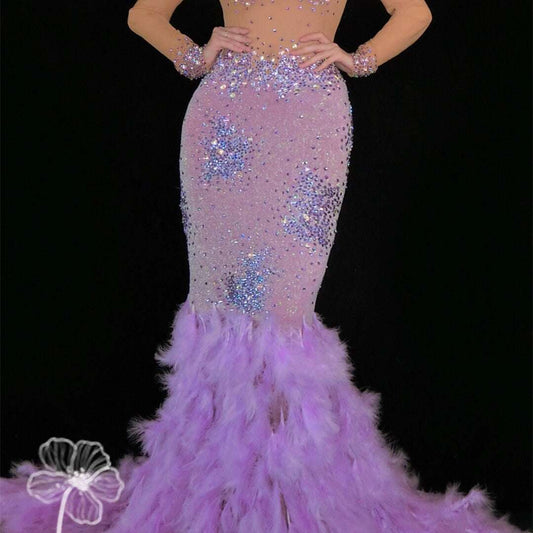 Full Diamond Feather Mesh Wrap Hip Dress