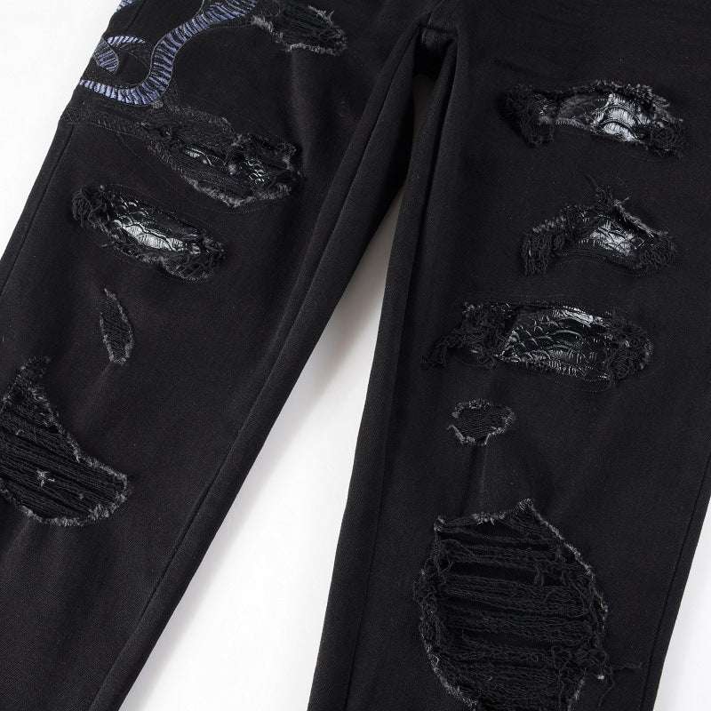 Broken Jeans With Elastic Embroidery Snake