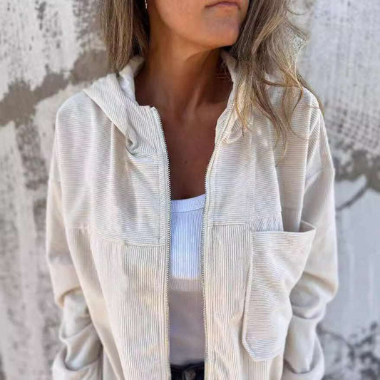 Women's Solid Color Simple Corduroy Hooded Jacket - globaltradeleader