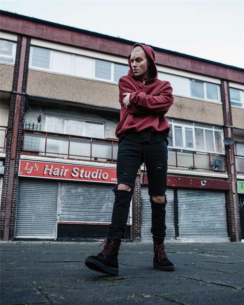 Pure Black Stretch Jeans With Holes For Men