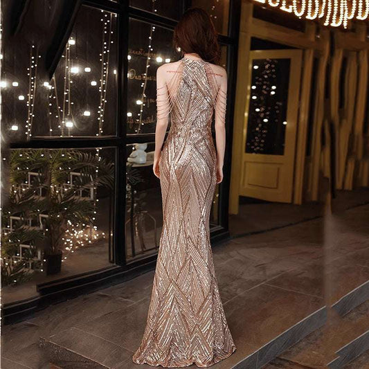 Beaded Sequined Banquet Long Halter Set Diamond Queen Fishtail Evening Gown - globaltradeleader