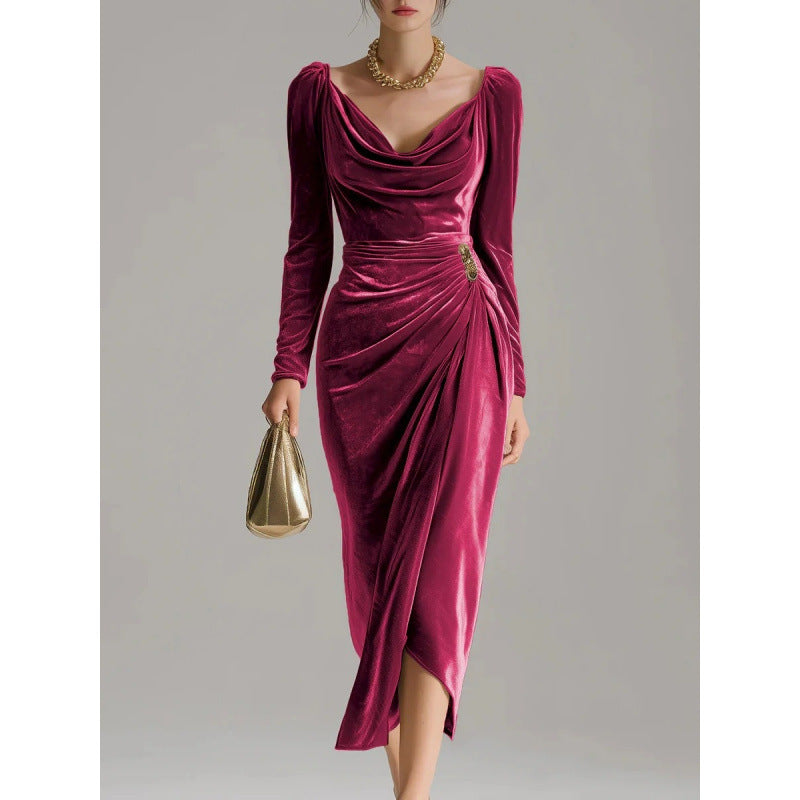 Long Sleeve Pleated Long Slit Velvet Sheath Dress - globaltradeleader