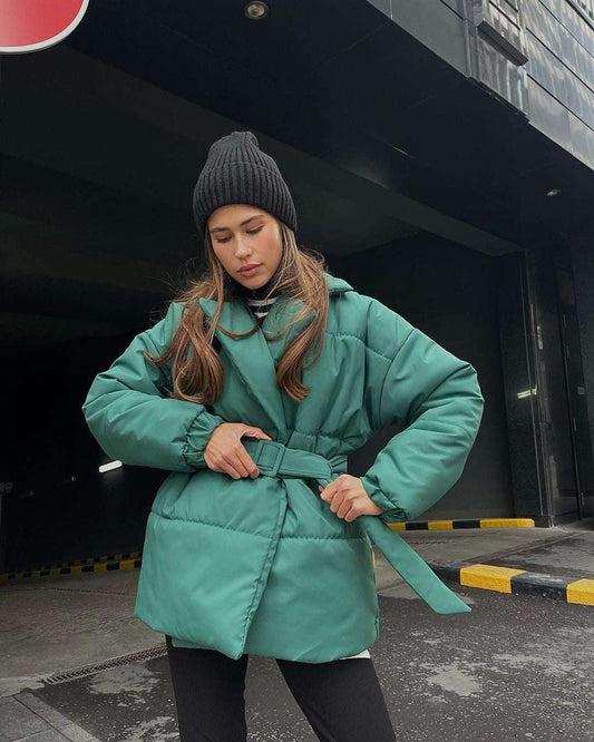 Winter Lapel Waisted Cotton Coat Fashion Solid Color Slim Overcoat Womens Clothing - globaltradeleader