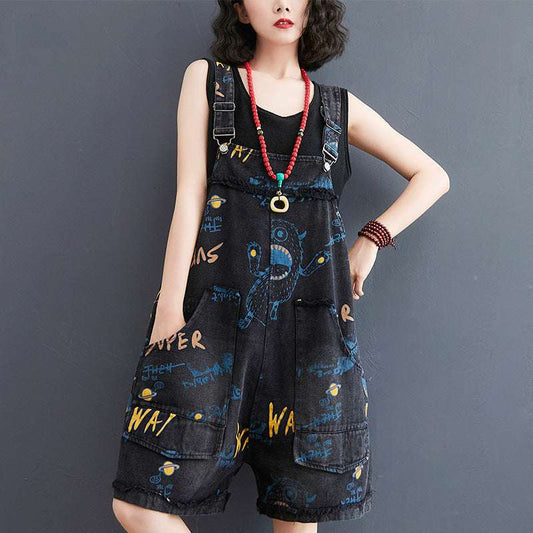 Retro Fashion Print Loose Denim Strap Shorts For Women