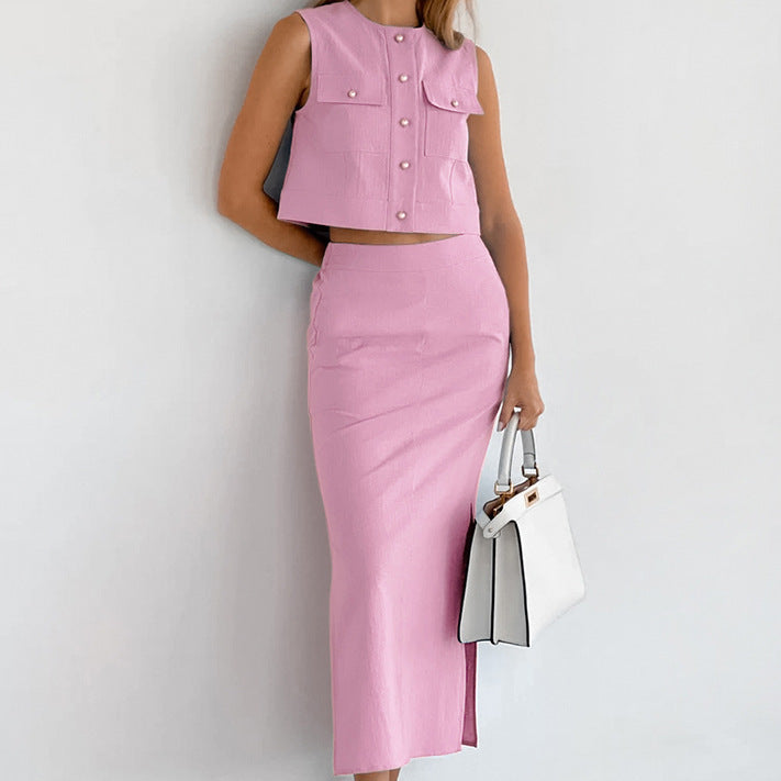 Slim Fit Sleeveless Top Straight Skirt Suit - globaltradeleader