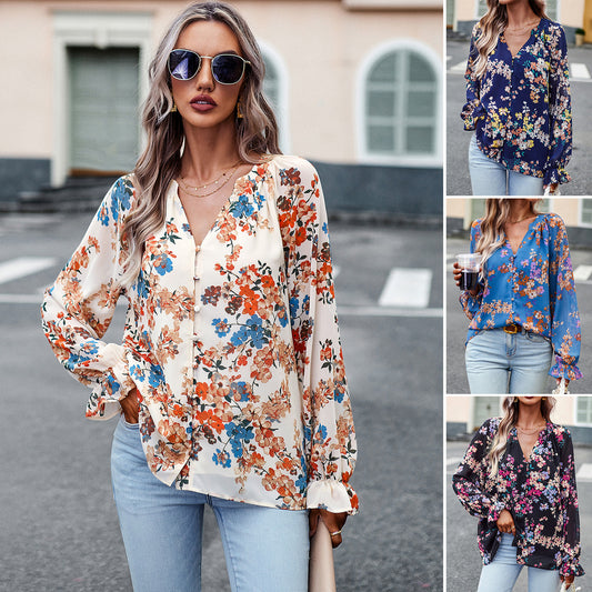 Women's Tops Casual Floral Print V Neck Long Sleeve Shirts Loose Chiffon Blouses Shirts Tops - globaltradeleader