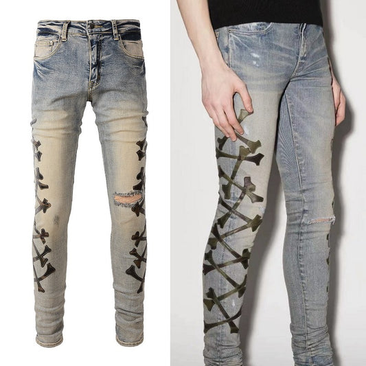 Men's Fashion Holes Bone Pattern Leather Stretch Skinny Jeans