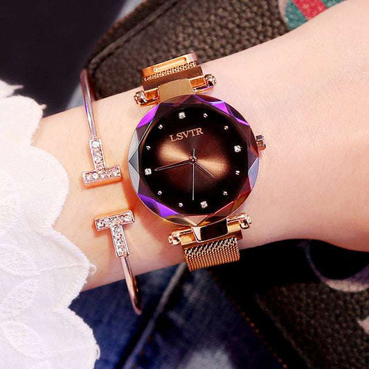 Rose Gold Women Watches Fashion Diamond Ladies Starry Sky Magnet Watch Waterproof Female Wristwatch - globaltradeleader