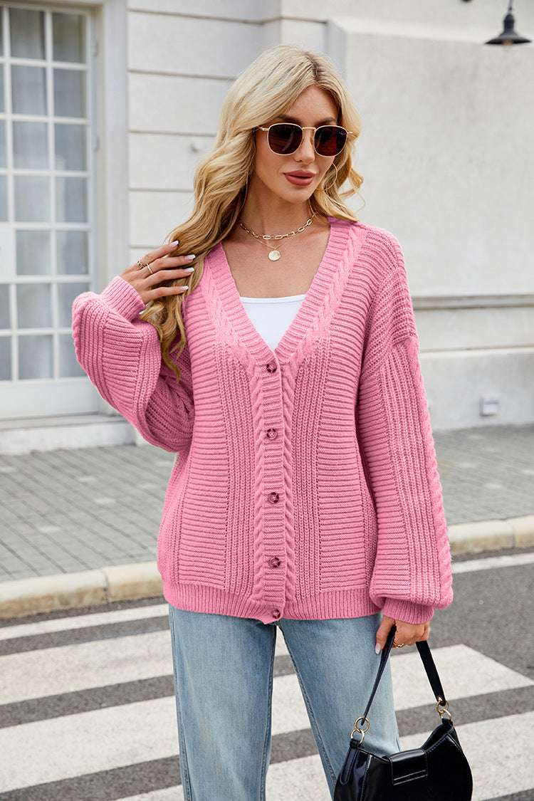 Women's Loose Long-sleeved V-neck Twisted Knitted Sweater Coat