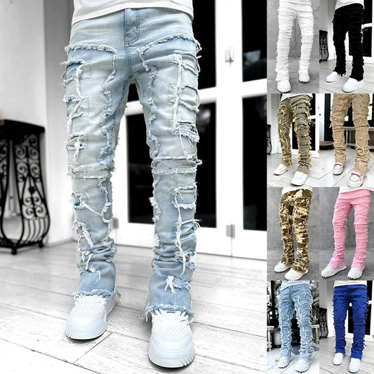 Men Trousers Individual Patched Pants Long Tight Fit Stacked Jeans For Mens Clothing - globaltradeleader
