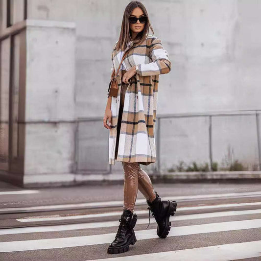European And American Fall Winter Fashion Brushed Mid-length Plaid Wool Coat - globaltradeleader