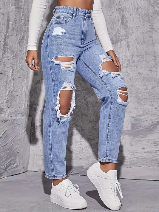 Casual High Waist Ripped Denim Trousers - globaltradeleader