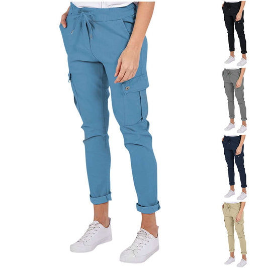 Casual Cargo Pants With Pockets Solid Color Drawstring Waist Pencil Trousers For Women - globaltradeleader