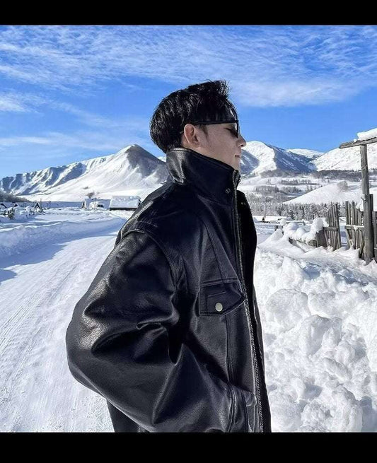 Lapel Casual Handsome Loose Motorcycle Leather Jacket Coat - globaltradeleader