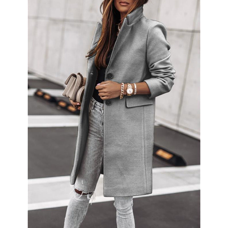 Simplicity Long Sleeve Button Woolen Coat Overcoat - globaltradeleader