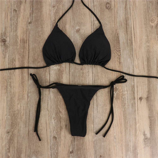 2pcs Halterneck Lace-up Bikini Women Summer Solid Color Sexy Split Strap Adjustable Swimsuit Suit - globaltradeleader