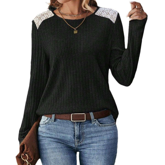 Women's Fashionable Round Neck Sunken Stripe Brushed Lace Long-sleeved Top - globaltradeleader