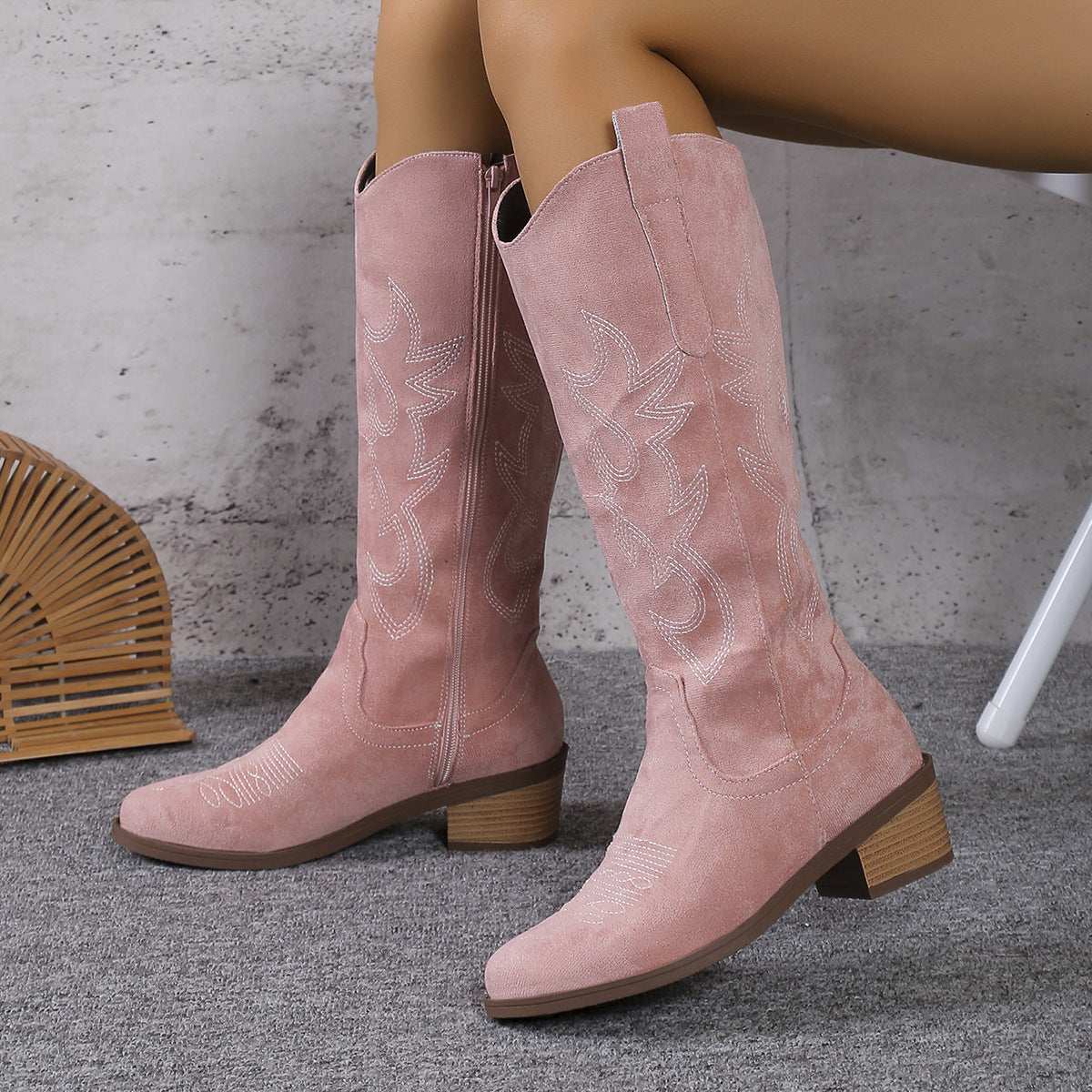 Women's Retro Pointed Toe Chunky Heel Solid Color Side Zipper Mid-calf Cowboy Boot - globaltradeleader