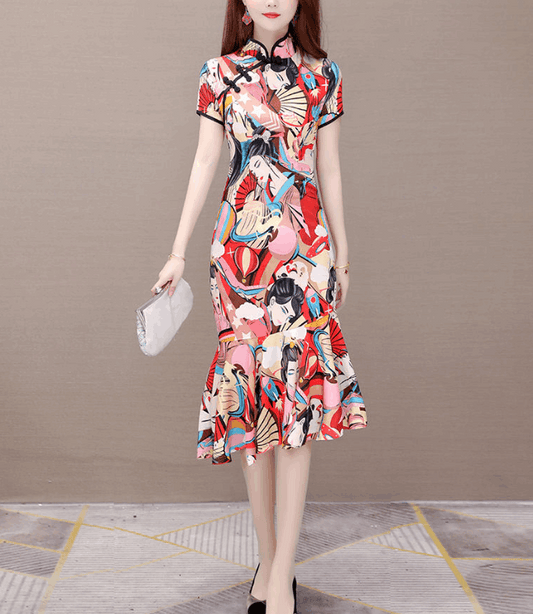 Large Size Dress Slim-fit Improvement Cheongsam In Long Short Sleeve Female