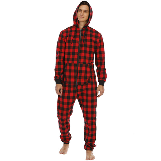 Men's Flannel Check Hooded One-piece Pajamas
