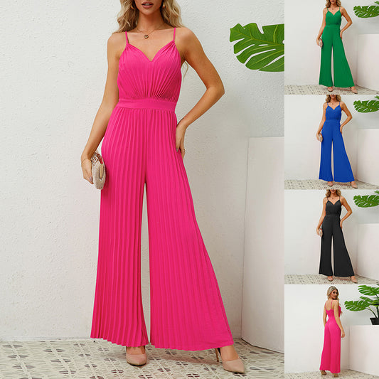 V-neck Suspender Pleated Jumpsuit Solid Color Loose Straight Pants Womens Clothing - globaltradeleader