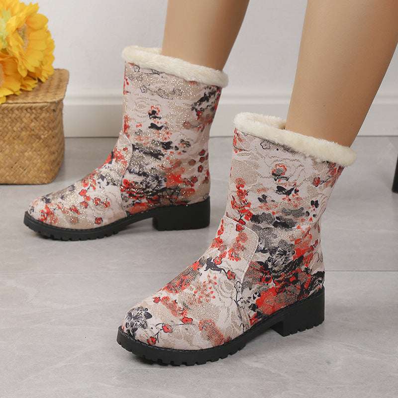 Fashion Flowers Print Ankle Boots With Plush Winter Warm Platform Shoes Women Lightweight Plus Velvet Ankle Boots - globaltradeleader