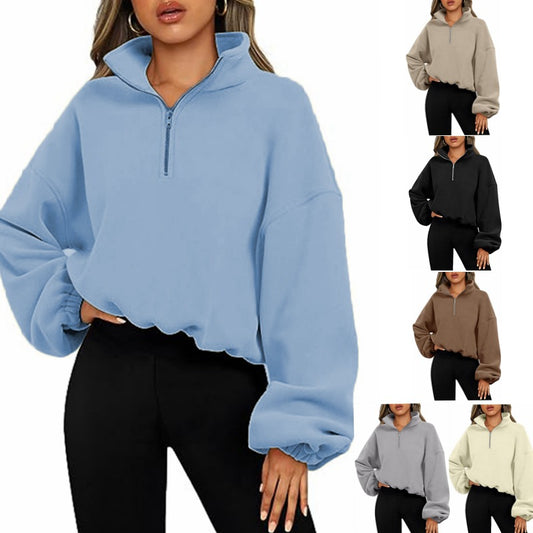 Loose Sport Pullover Hoodie Women Winter Solid Color Zipper Stand Collar Sweatshirt Thick Warm Clothing - globaltradeleader
