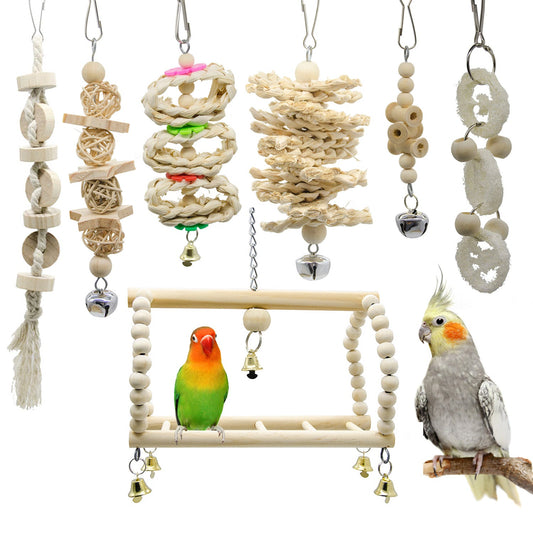 7pcs Parrot Bird Toy Original Color Set Bird Toy Wooden Undyed Environmentally Friendly Healthy Bird Toy
