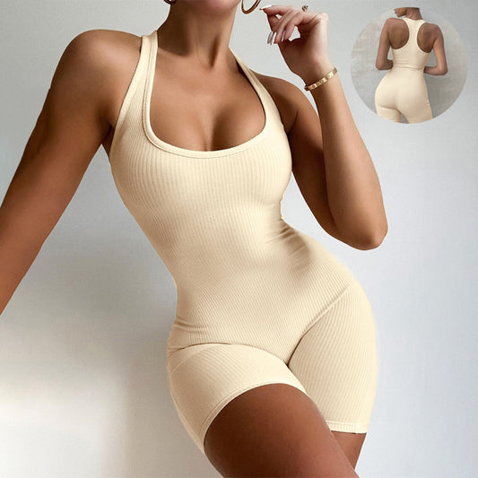 Sleeveless Backless Jumpsuit Colid Color Fitness Sports Yoga Leggings Shorts Bodysuits Women Slim Yoga One Piece Rompers - globaltradeleader