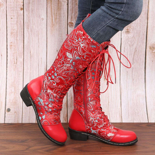 Flowers Print Long Boots WInter Retro Ethnic Style Shoes Lace-up Heeled Boots Women - globaltradeleader