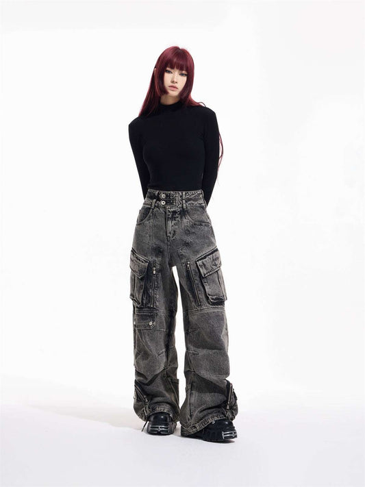 Design Retro Work Style Multi Pocket Jeans