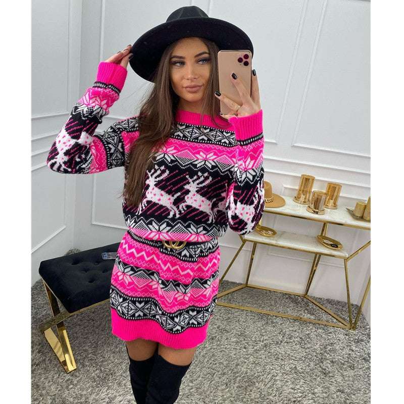 Elk Christmas Jacquard Long Sleeve Woolen Dress