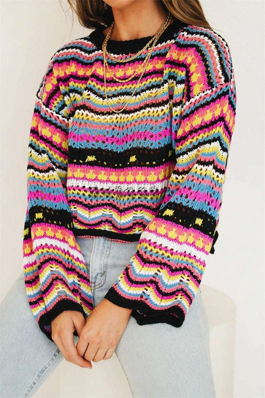 Stitching Sweater Loose Inter-color Rainbow Round Neck Striped Women - globaltradeleader