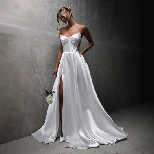 White Satin Slit Pocket Bandage Wedding Dress - globaltradeleader