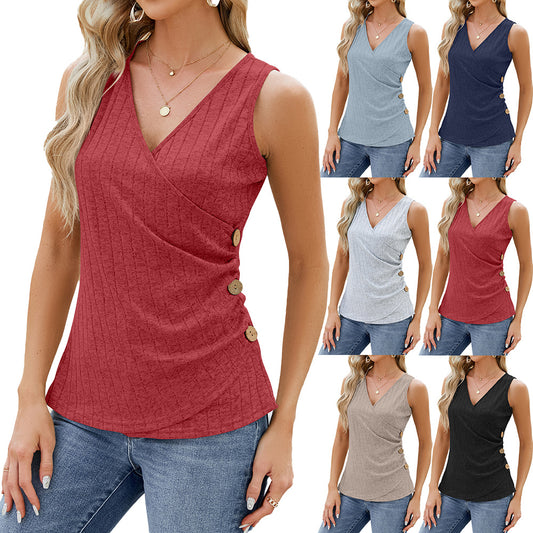 Fashion Vest With Button Design New Sleeveless V-neck T-shirt Solid Color Tank Tops Summer Women's Clothing - globaltradeleader