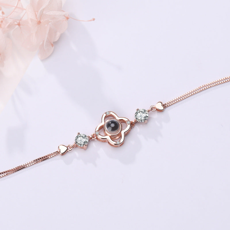925 Sterling Silver 100 Languages I Love You Custom Projection Four-leaf Clover Bracelet Vibrato The Same Bracelet Female