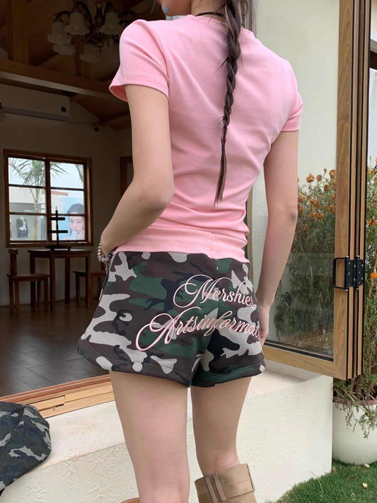 Vintage Camouflage Color Matching Embroidered Shorts Casual Sports Pants - globaltradeleader