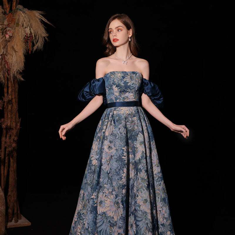 Light Luxury Minority Princess Court Oil Painting Style Tube Top Blue Evening Dress - globaltradeleader