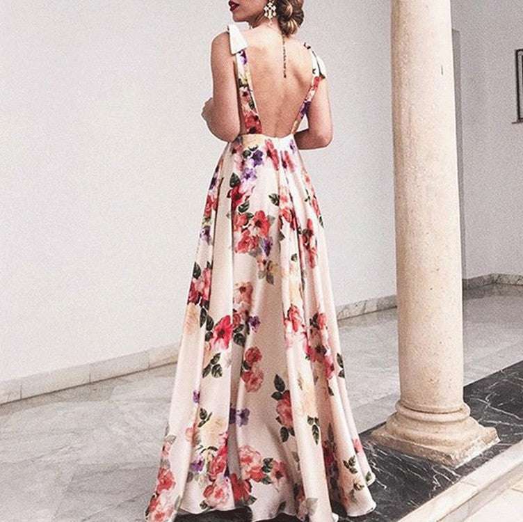 Open Back V-neck Suspender Print Large Hem Dress