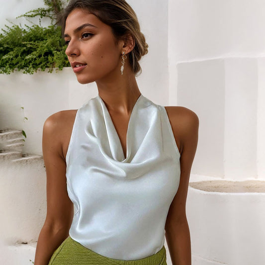 Women Solid Color Swing Collar Sleeveless Vest Trendy Elegant Shirt With Halter Neckline Backless Short Sleeve Tops T shirts - globaltradeleader