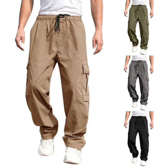 Casual Cargo Pants For Men Loose Straight Drawstring Waist Trousers With Pockets - globaltradeleader