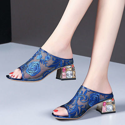 Ethnic Wind Rhinestone Mid-heel Mesh Slippers - globaltradeleader